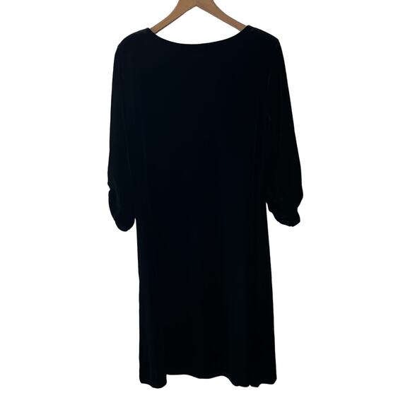 Susan Graver Black Velour Shift Dress Size Large 3/4 Rouch sleeve Stretch - Picture 2 of 11
